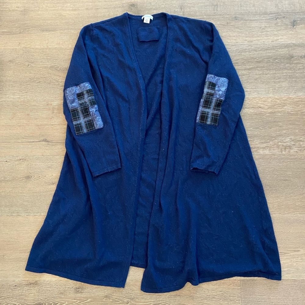 Women's Navy Open-Front Cardigan with Plaid Elbow Patches